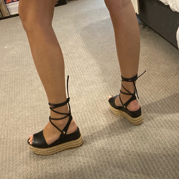 Seniorah Black Leather Wrap-Up Espadrilles - Picture 2 of 16
